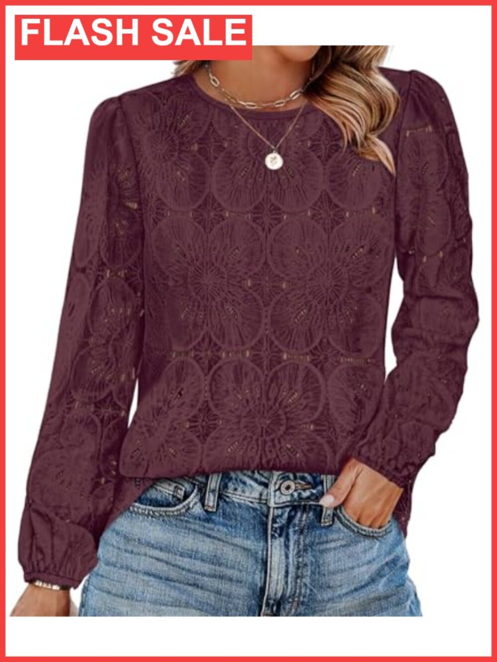 Womens Lace Crochet Blouse Long Sleeve Dressy Casual Top